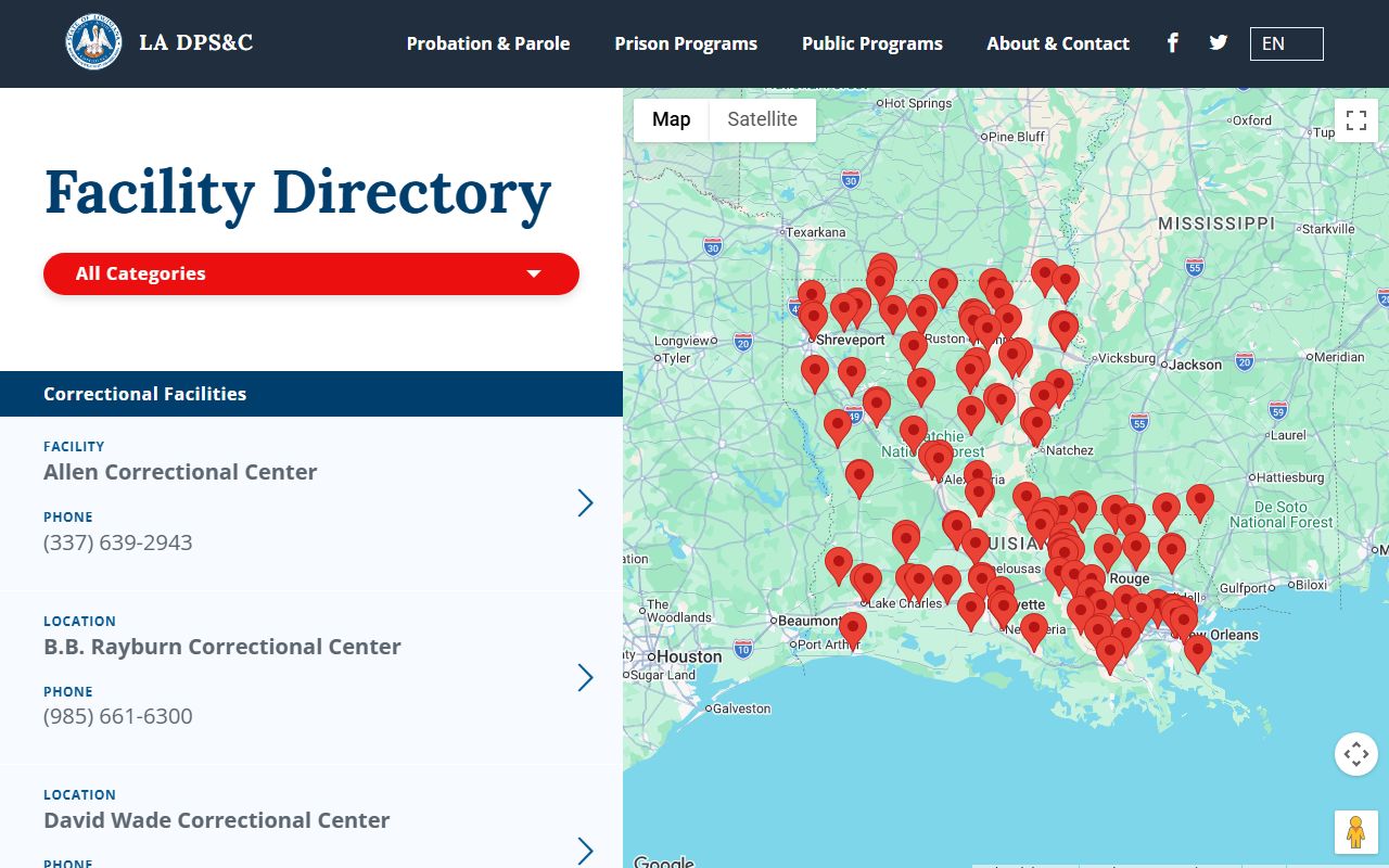 DPS&C facility directory map for Bayou Correctional Center custody lookup in Madison Parish